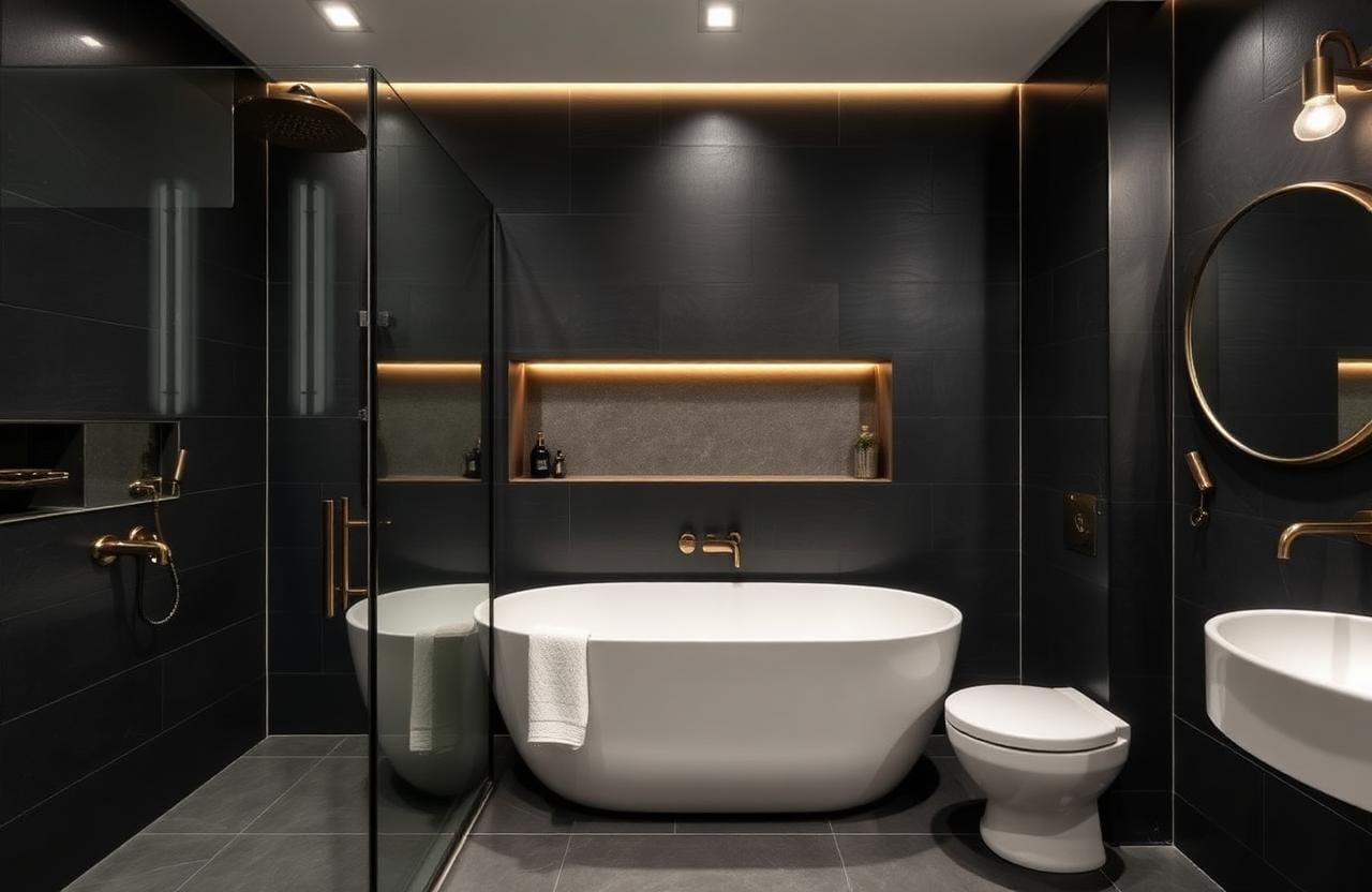 Łazienka 7 m² — Mokotów — Wielkoformatowe płytki, brodzik liniowy, podświetlane lustro.