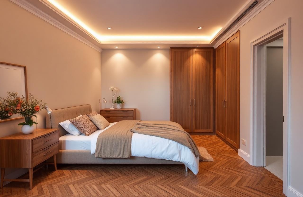 Salon z aneksem 42 m² — Ursynów — Malowanie natryskowe, sufit dwupoziomowy, zabudowa TV.